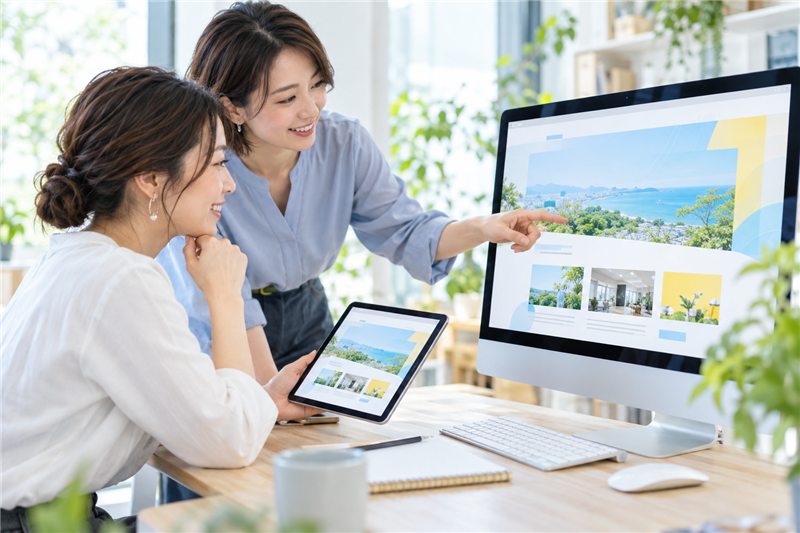 新しいホームページをパソコンとタブレットで確認する女性たち