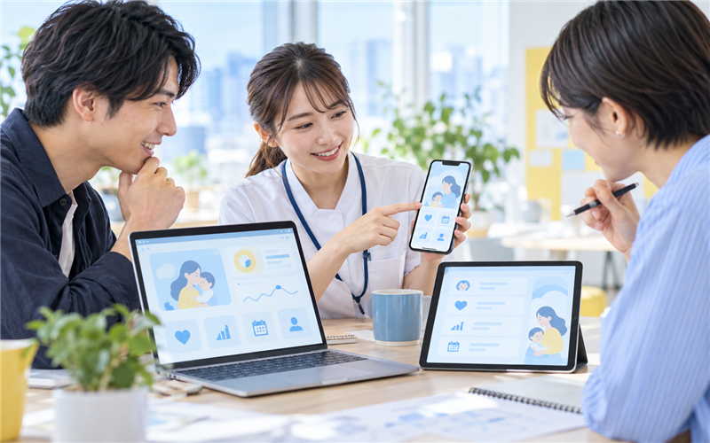 支援アプリの画面を確認する開発チーム